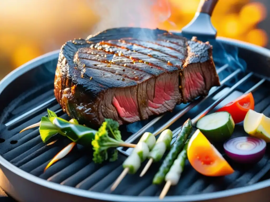 Un asado saludable para parrilla Uruguay, con un suculento filete y vegetales bajo la luz dorada del atardecer