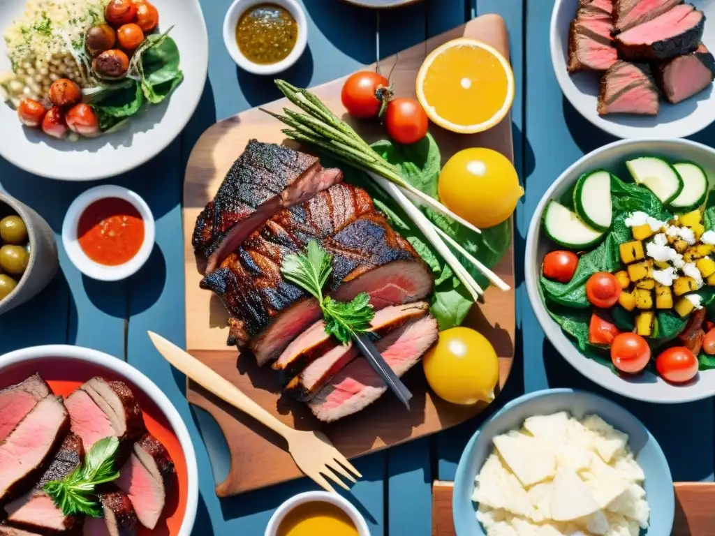 Un asado saludable para parrilla Uruguayana, con carnes magras y vegetales coloridos en una mesa de madera al aire libre