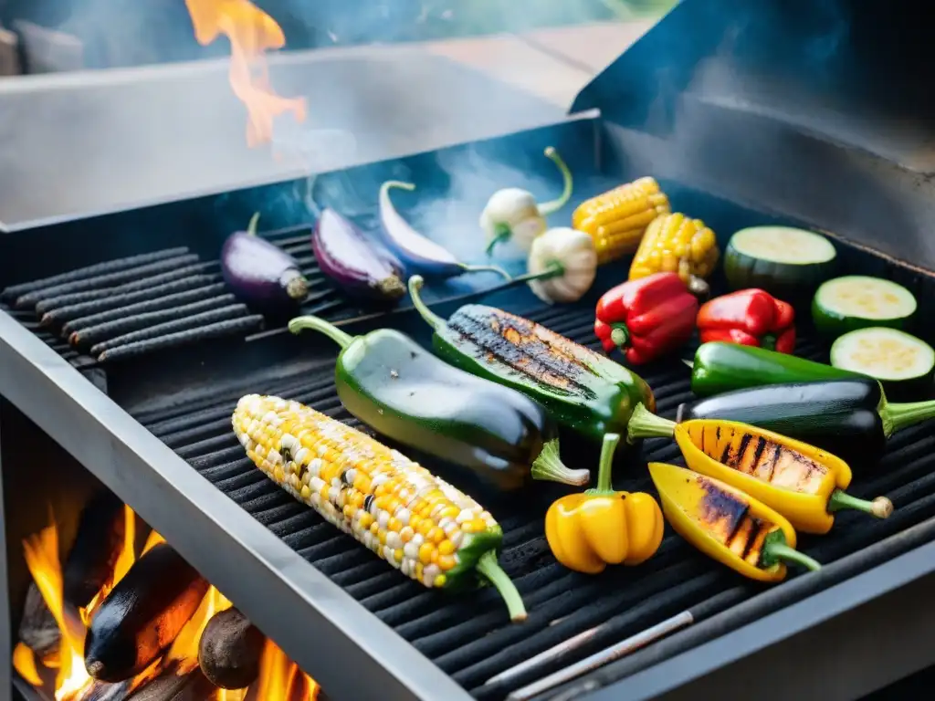 Un asado saludable para parrilla Uruguay con vegetales coloridos asados a la perfección en un ambiente moderno y vibrante