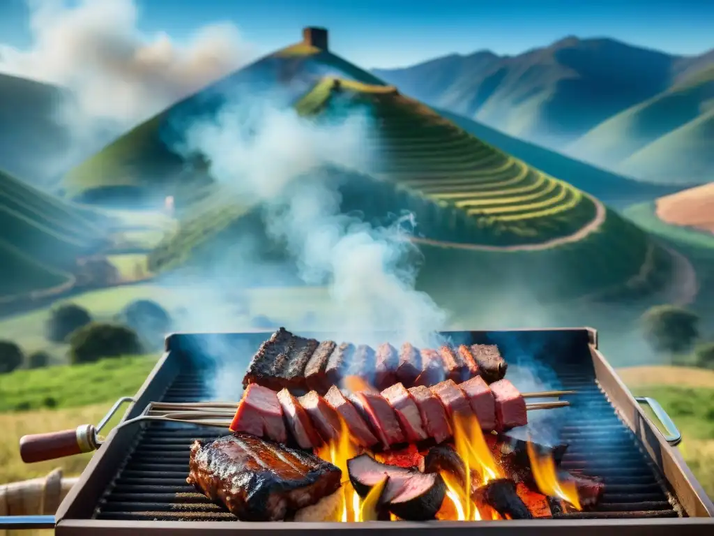 Un asado tradicional uruguayo en el campo, con gastronomía sostenible Uruguay, rodeado de naturaleza y deliciosas carnes a la parrilla