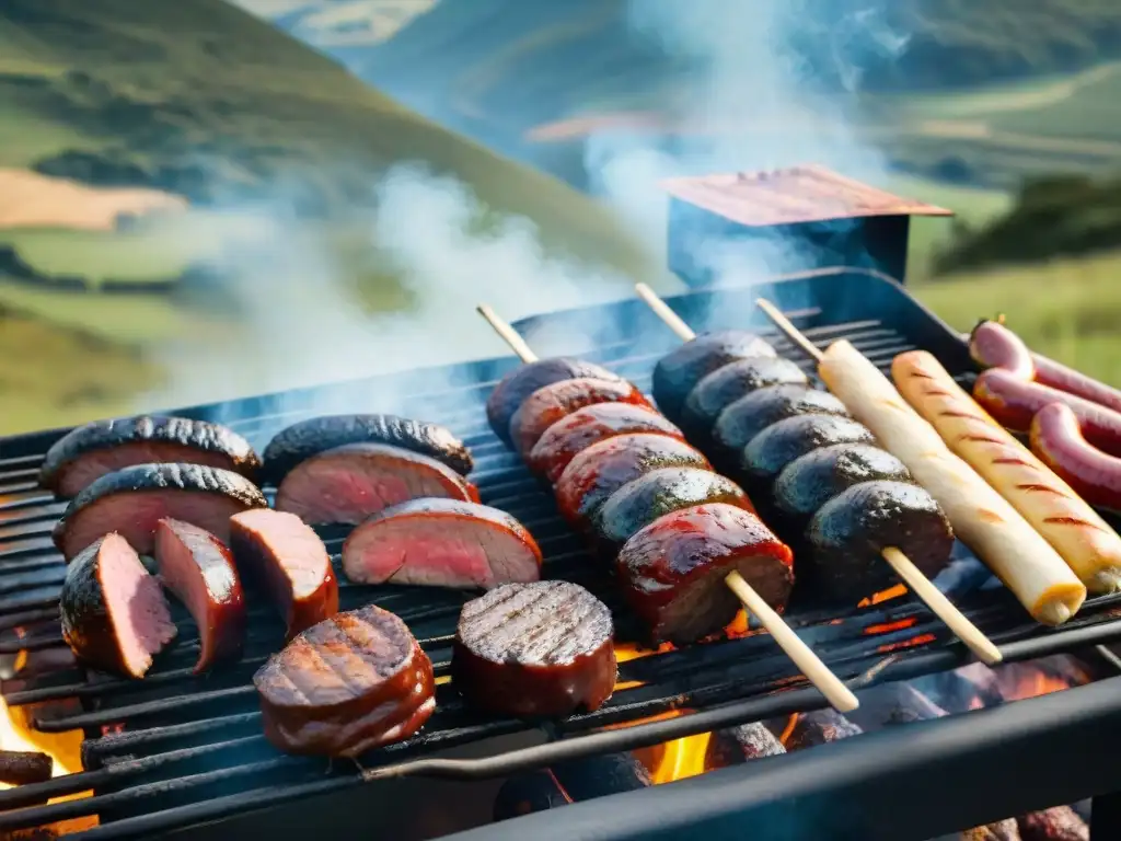 Un asado tradicional uruguayo con chivito, chorizos y morcilla, en un paisaje campestre con gauchos