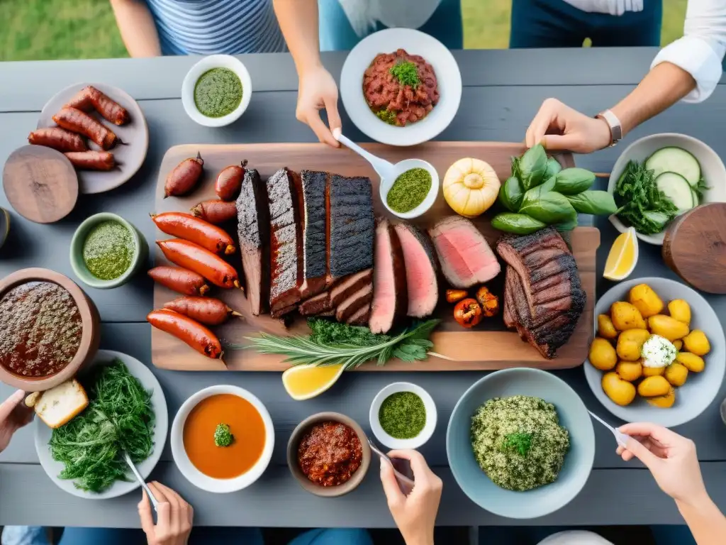 Un asado tradicional uruguayo con control de porciones, amigos y familia disfrutando juntos en un ambiente cálido y acogedor