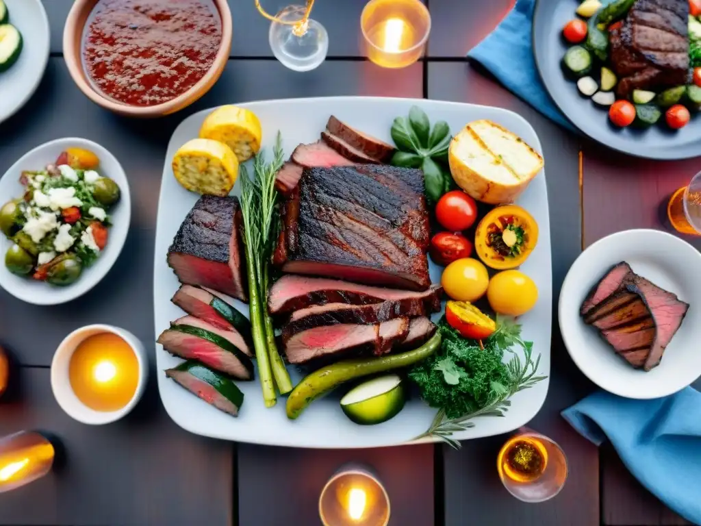 Un asado uruguayo saludable con cortes magros y vegetales, en una mesa elegante bajo luces cálidas