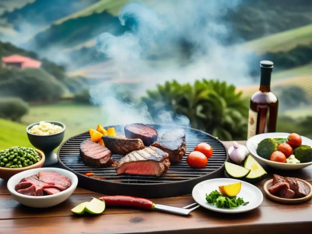 Delicioso asado uruguayo en el campo Un asado uruguayo tradicional en el campo, gauchos preparando la parrilla, creando una atmósfera de bienestar emocional a través de la comida