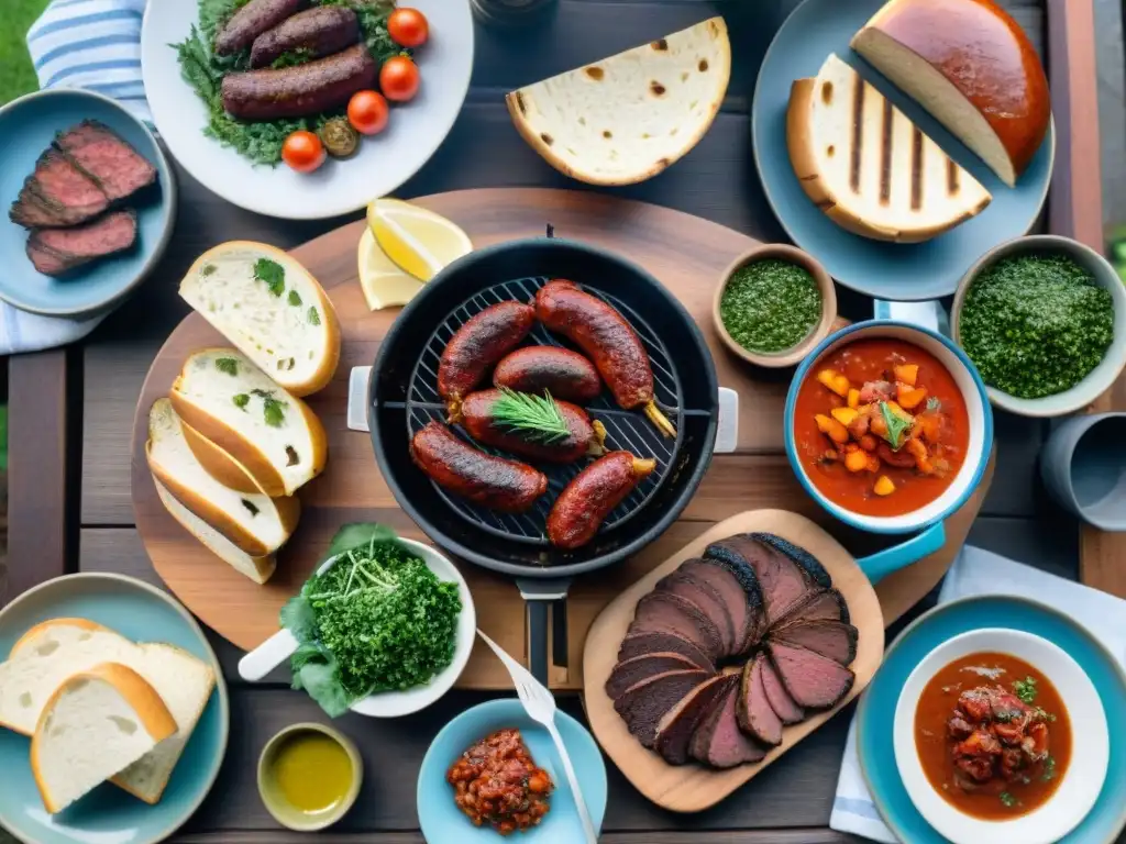 Un asado uruguayo tradicional en una mesa de madera rústica, con control de porciones en Uruguay