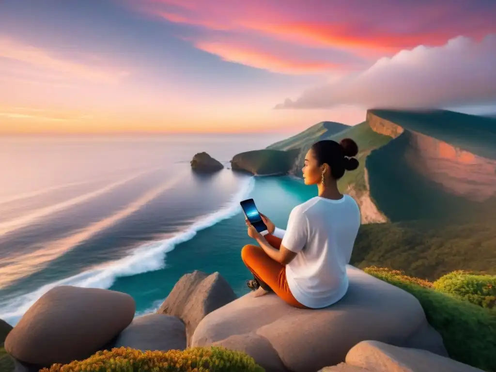 Meditación al atardecer en el acantilado con app de bienestar personal