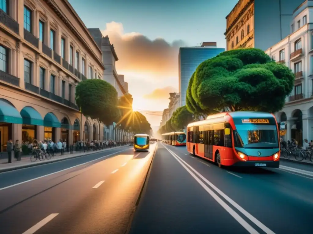 'Atardecer en una calle de Uruguay, transformada en un espacio verde peatonal con transporte público verde