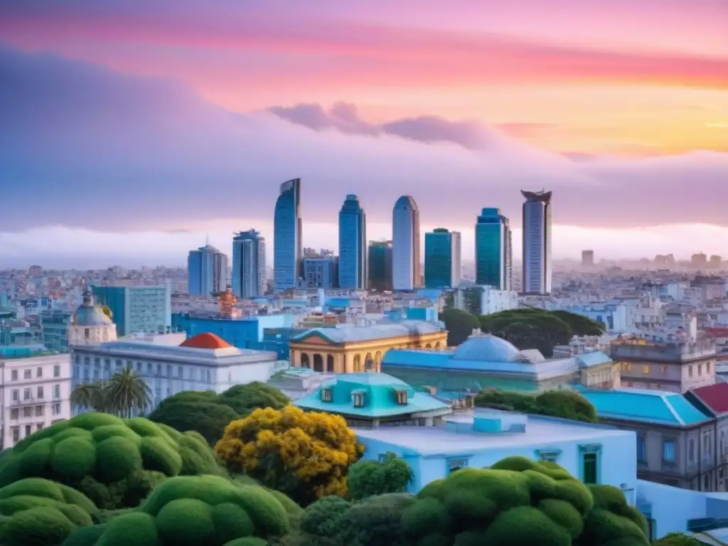 Un atardecer colorido en Montevideo, Uruguay, destaca la arquitectura futurista y la armonía entre ciudad y naturaleza