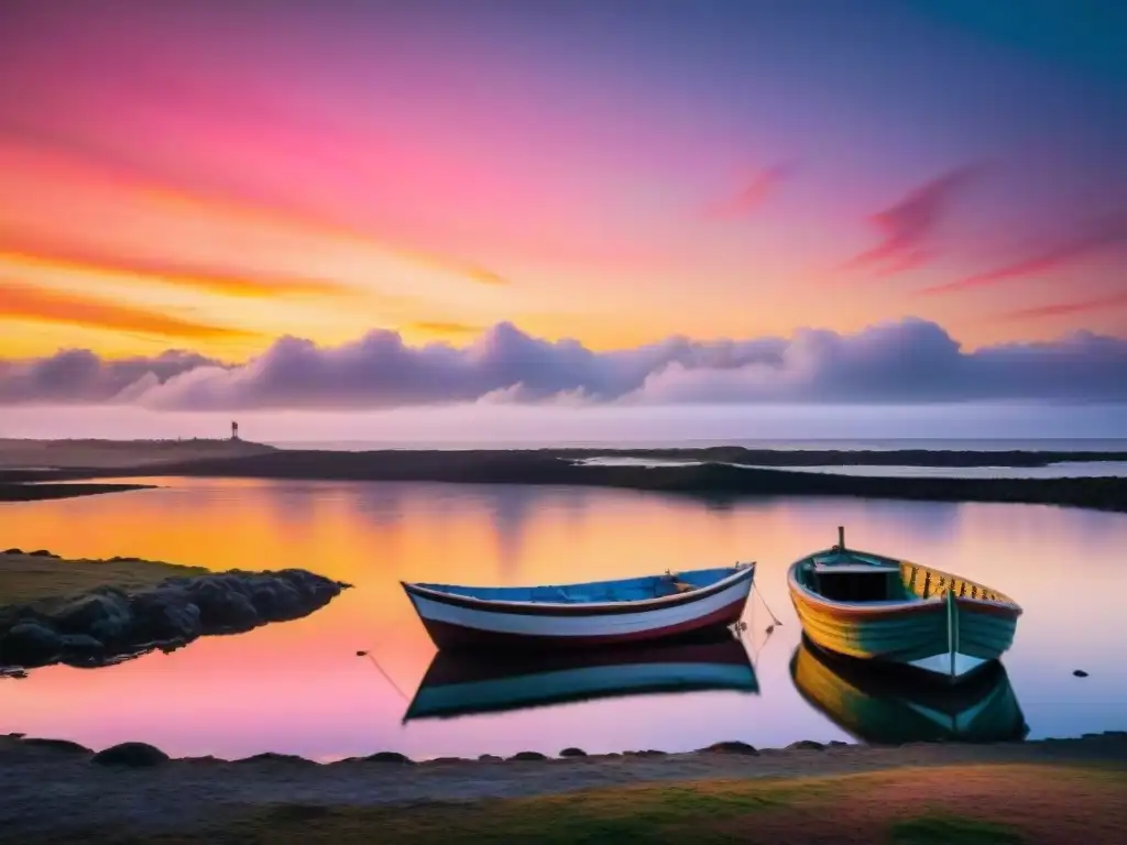 Un atardecer en la costa de Uruguay con tonos naranjas y rosados vibrantes, reflejados en el mar tranquilo