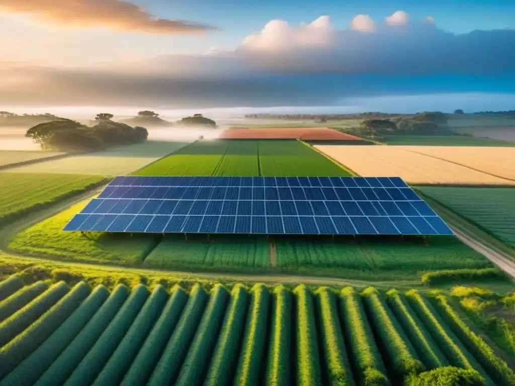 Atardecer dorado sobre granja con paneles solares, reflejando energía renovable en bienestar rural