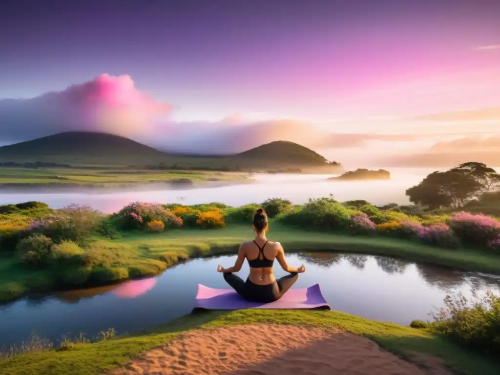 Atardecer dorado en lago sereno de Uruguay, siluetas haciendo yoga