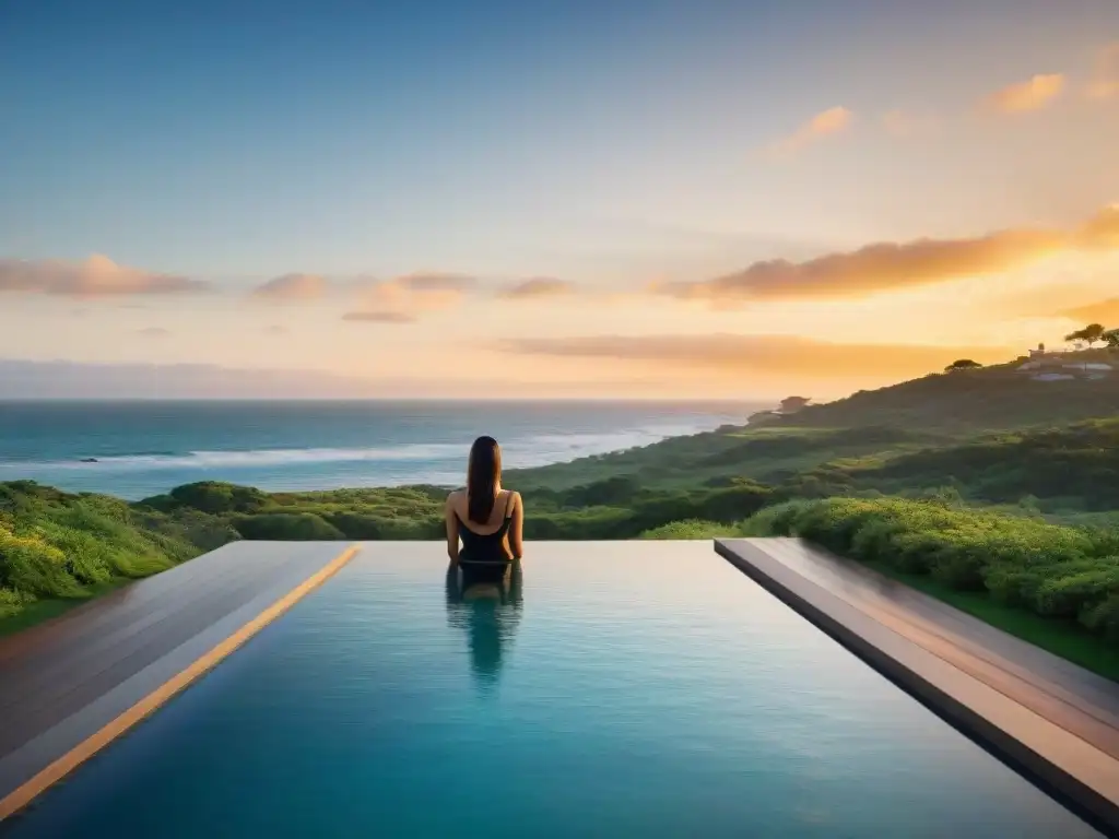 Atardecer dorado en spa de lujo en la costa de Uruguay con piscinas infinitas y diseño moderno, ideal para Programas Intensivos de Bienestar Uruguay