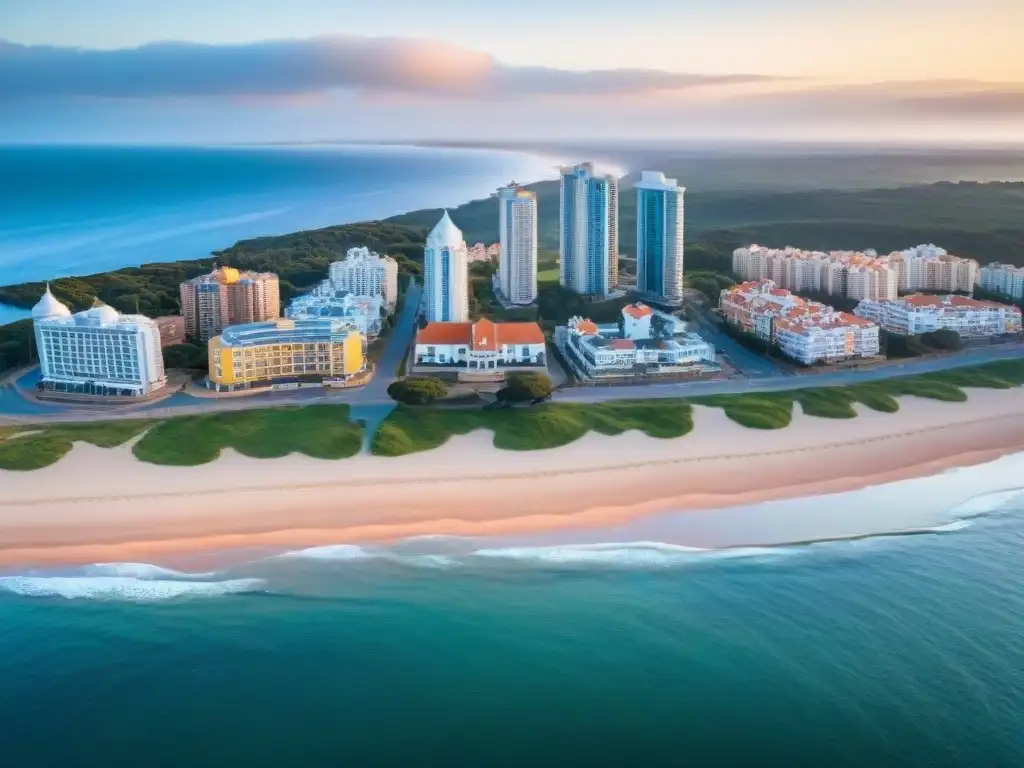 Un atardecer impresionante en la costa de Punta del Este en Uruguay, con la escultura de los dedos, yates de lujo y la ciudad al fondo