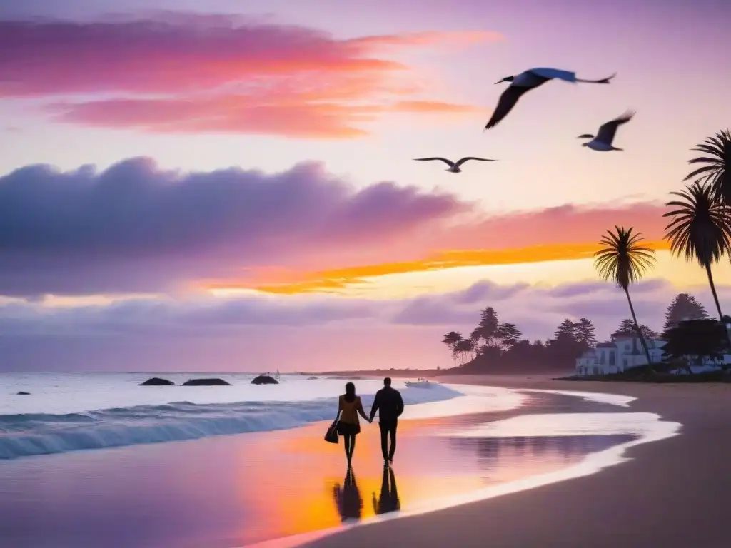 Un atardecer impresionante en la costa de Punta del Este, Uruguay, con tonos vibrantes reflejándose en el océano Atlántico