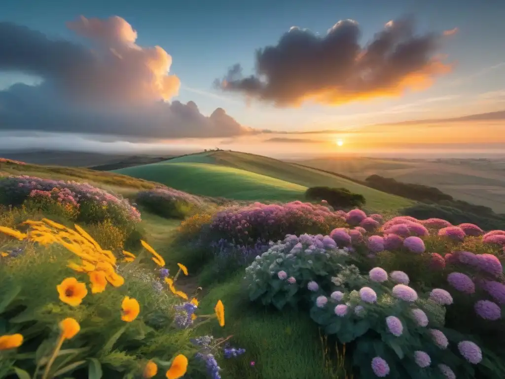 Un atardecer mágico sobre colinas de Uruguay, iluminando un campo de flores silvestres