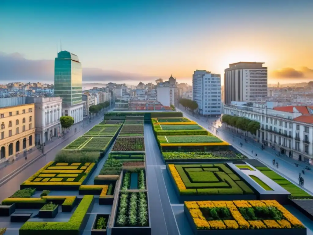 Atardecer en Montevideo con permacultura urbana en Uruguay: techos verdes, jardines verticales y granjas urbanas integradas