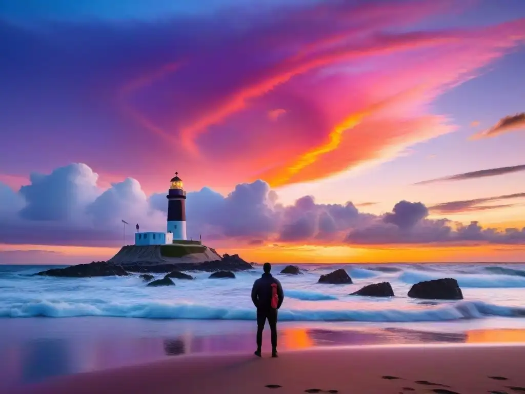 Un atardecer pintoresco sobre la costa de Uruguay, con colores vibrantes en el cielo y una persona mirando al horizonte en la playa