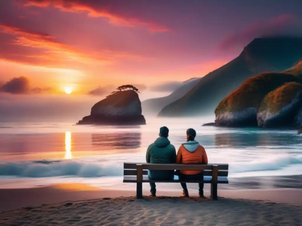 Un atardecer pintoresco en la playa, pareja unida, reflejando resiliencia en pareja para bienestar