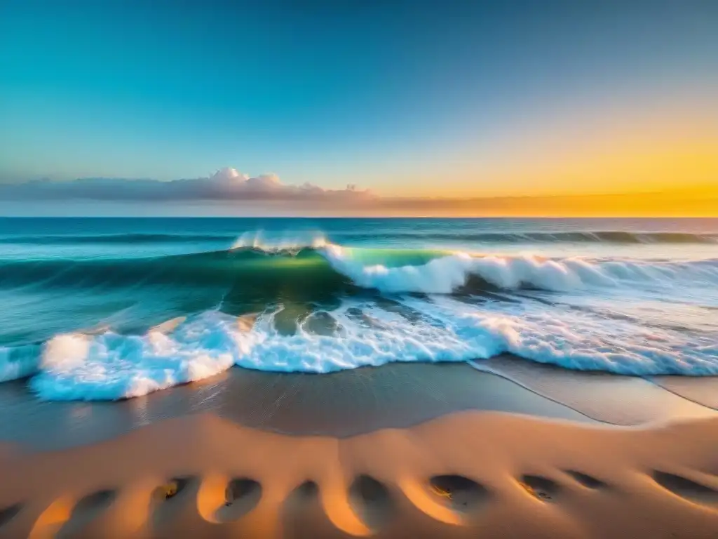 Atardecer en una playa de Uruguay, con aguas turquesas reflejando el cielo dorado