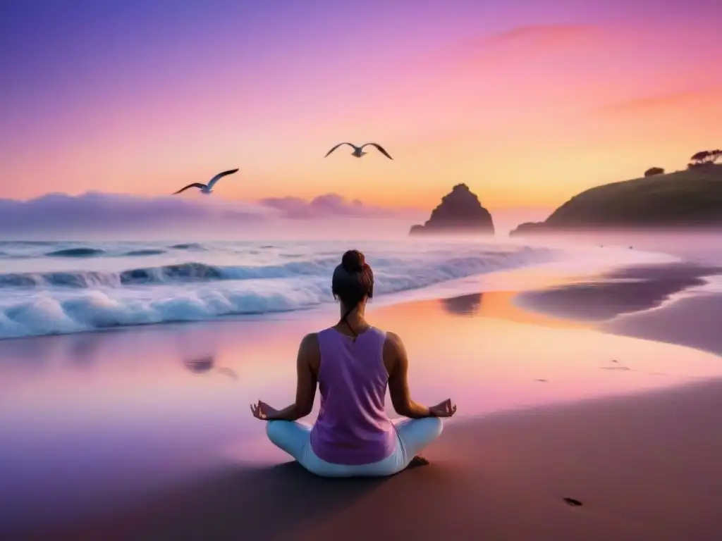 Meditación al atardecer en la playa de Uruguay, rodeado de olas tranquilas y gaviotas en un cielo colorido