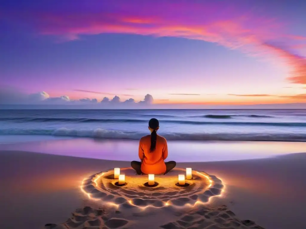 Meditar al atardecer en una playa de Uruguay