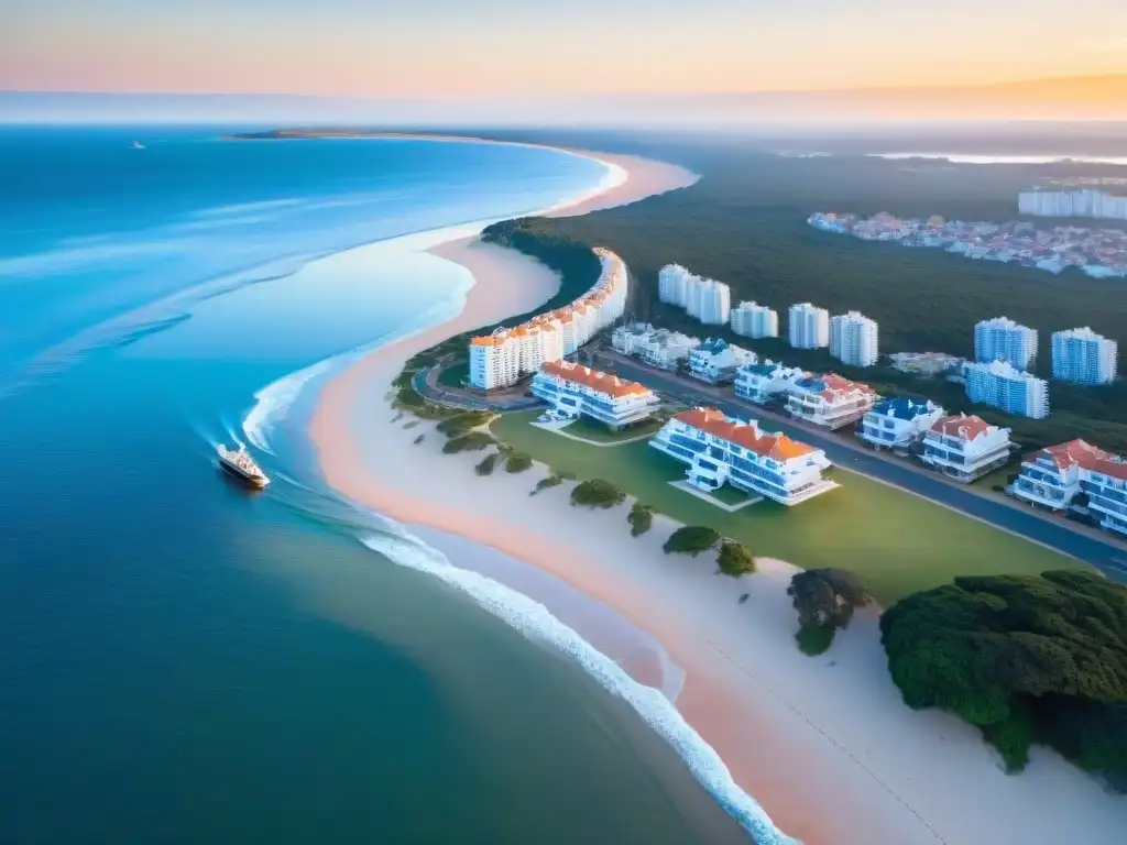 Atardecer en Punta del Este: playa, yates, escultura de mano icónica, reflejos en el mar