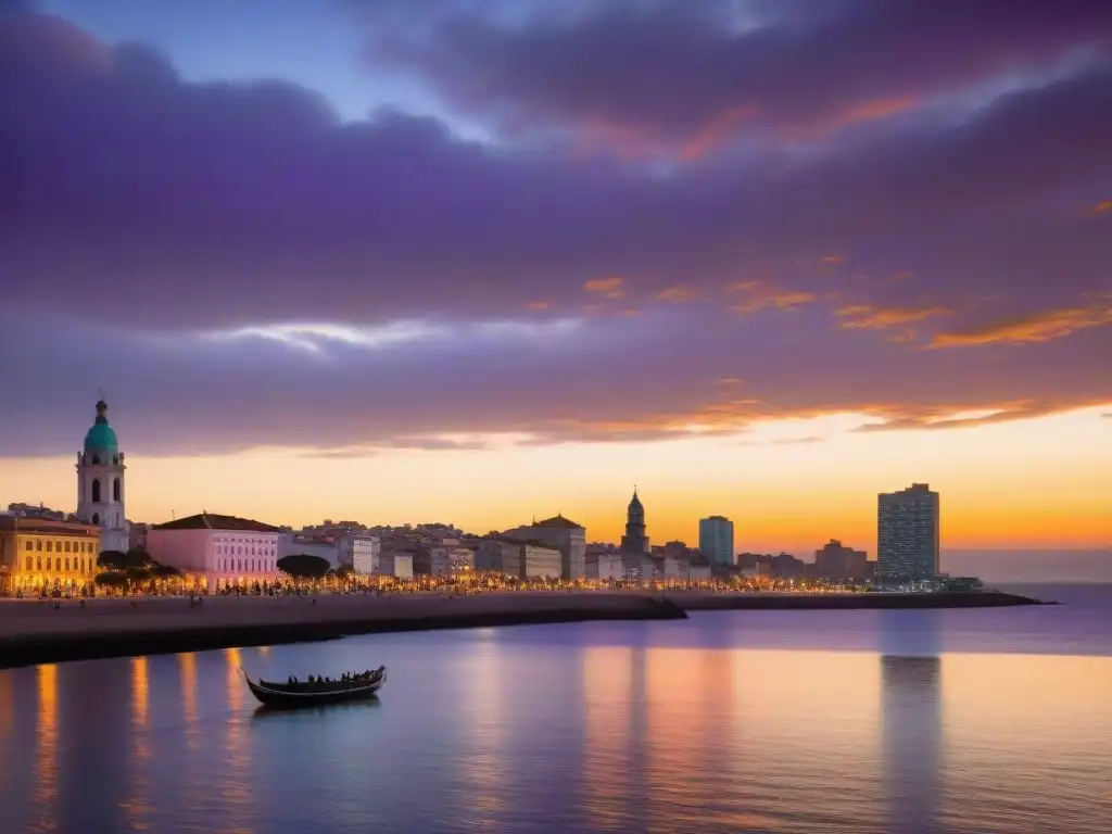 Un atardecer sobre la Rambla de Montevideo, reflejando tonos naranjas y rosados en el Río de la Plata, con la escultura La Mano en silueta