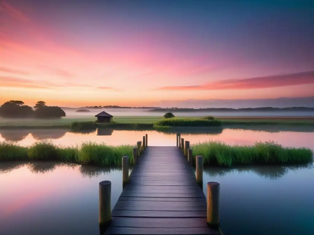 Un atardecer sereno en el campo de Uruguay con un embarcadero de madera en un lago tranquilo, reflejando los tonos del sol