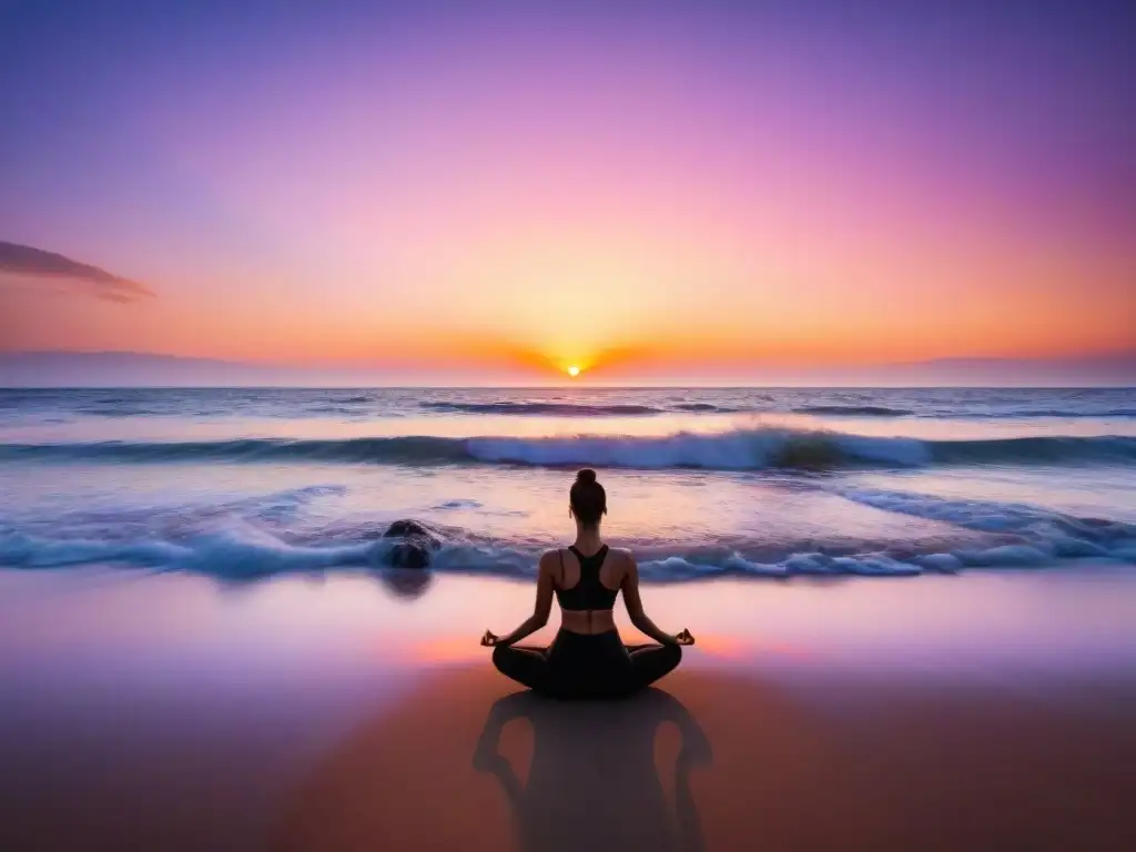 Un atardecer sereno sobre la costa de Uruguay, con colores vibrantes reflejados en el agua, y una silueta practicando yoga en la playa