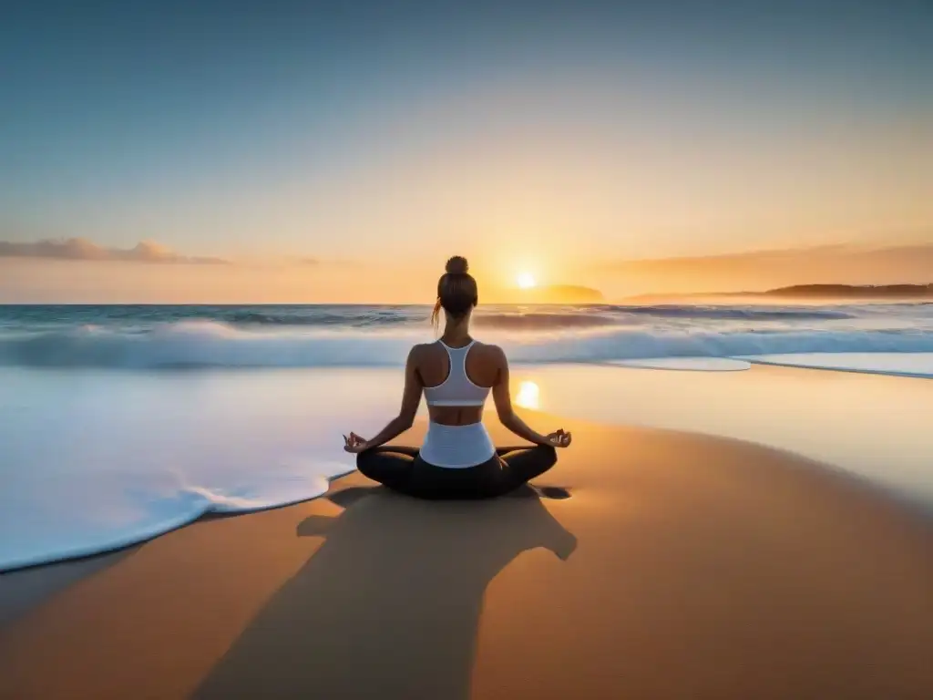 Un atardecer sereno sobre la costa de Uruguay, con una figura solitaria practicando yoga en la playa, equilibrio vida trabajo Uruguay