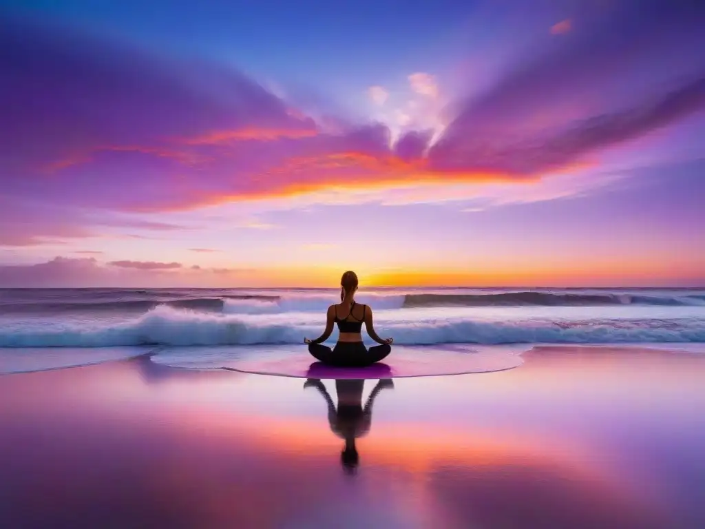 Atardecer sereno en la costa de Uruguay, con una persona haciendo yoga en la playa