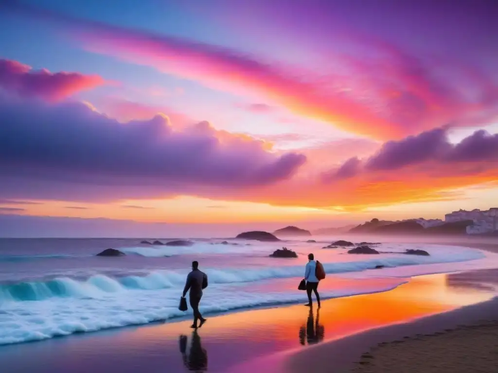 Un atardecer sereno sobre la costa de Uruguay, con tonos vibrantes en el cielo