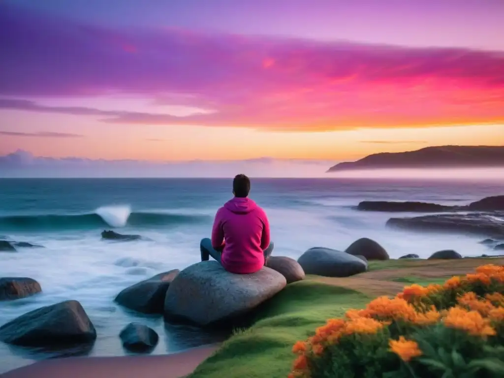 Un atardecer sereno en la costa de Uruguay, con tonos vibrantes de naranja, rosa y morado reflejándose en las tranquilas aguas