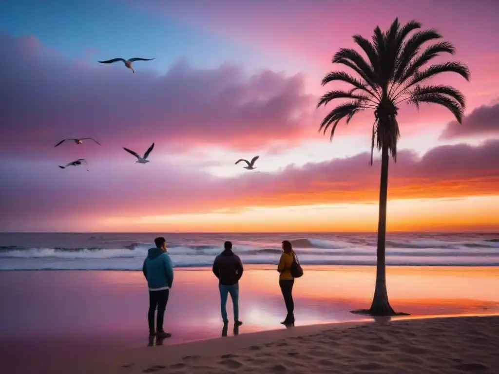 Un atardecer sereno en la costa de Uruguay, con tonos rosados y naranjas, personas en una profunda conversación en la playa