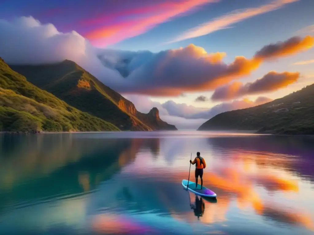 Un atardecer sereno en Laguna Garzón, con tonos vibrantes reflejados en el agua