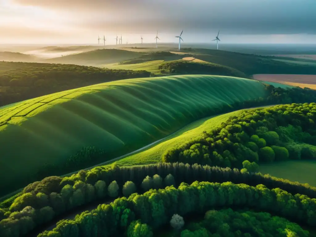 Atardecer sereno sobre paisaje verde de Uruguay con molinos eólicos, ríos cristalinos y bosques vibrantes