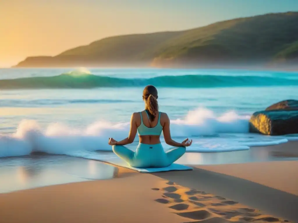 Atardecer sereno en una playa de Uruguay, con aguas turquesas y una persona practicando yoga