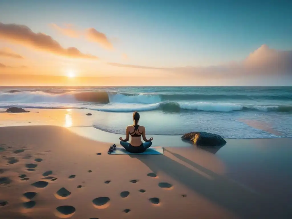 Atardecer sereno en la playa de Uruguay con colores pastel, olas suaves y personas practicando yoga y meditación