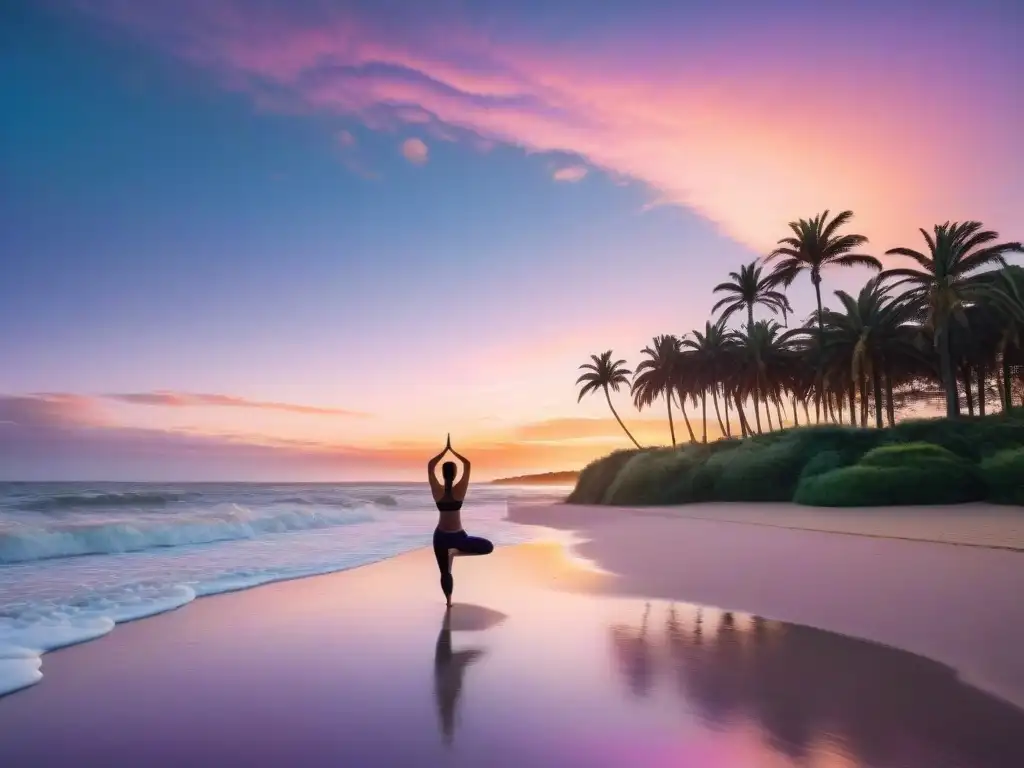 Un atardecer sereno en una playa de Uruguay con colores vibrantes y una persona practicando yoga