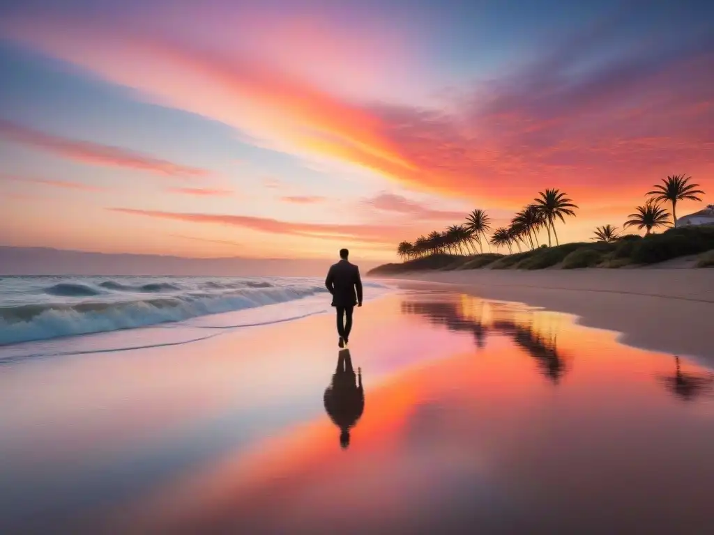 Un atardecer sereno en una playa de Uruguay, con colores vibrantes y palmeras