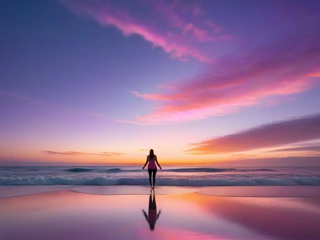 Un atardecer sereno en la playa, con luz dorada y siluetas de palmeras