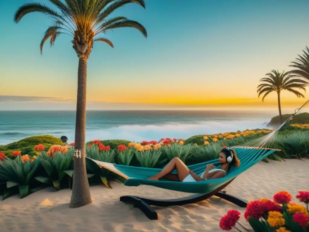 Playa tranquila al atardecer en Uruguay: relajación con música Playlist música bienestar Uruguay: Atardecer sereno en la playa uruguaya con luz dorada, mar calmado, palmeras y flores coloridas