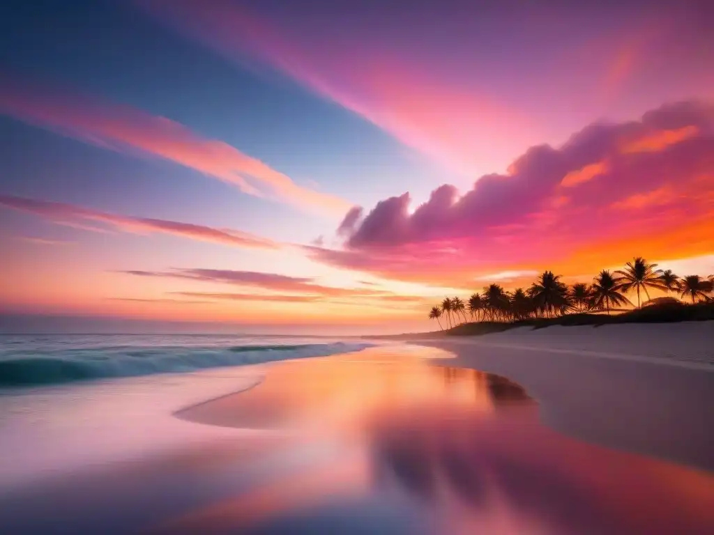 Atardecer sereno en la playa de Uruguay, con olas suaves y palmeras