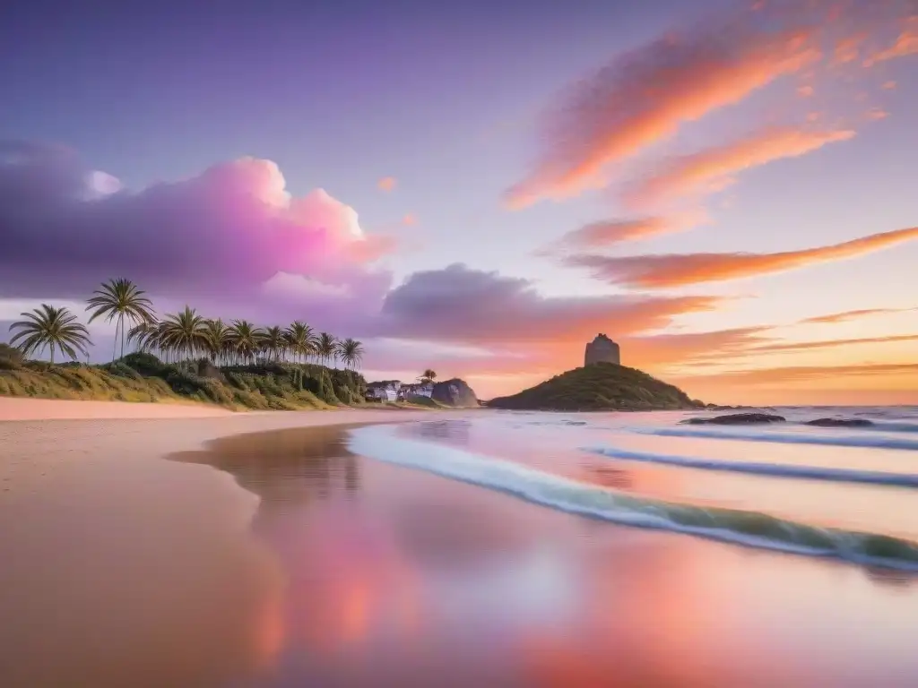 Un atardecer sereno en una playa de Uruguay, reflejando una paleta de colores cálidos en el cielo y el mar