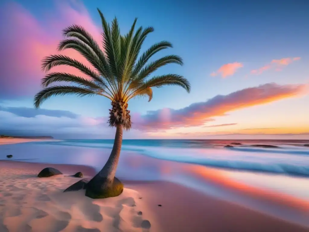 Un atardecer sereno en una playa de Uruguay con palmeras nativas y cielos coloridos reflejados en el agua, invita al bienestar integral en Uruguay