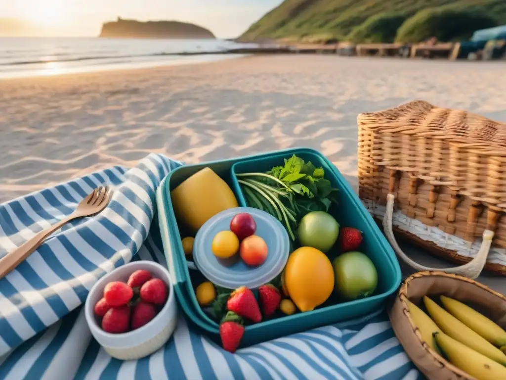 Un atardecer sereno en una playa de Uruguay con una persona disfrutando de una alimentación saludable y su piel radiante