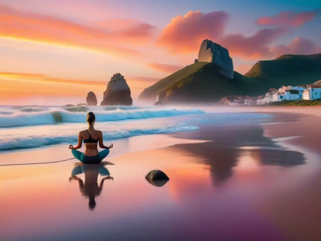 Un atardecer sereno en una playa de Uruguay, reflejos coloridos en el mar y personas disfrutando actividades sin móviles