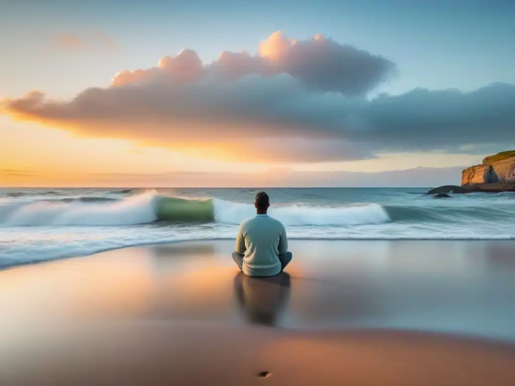 Un atardecer sereno en una playa solitaria de Uruguay, con colores pasteles pintando el cielo y una figura meditando en la distancia, rodeada por la belleza pacífica de la naturaleza