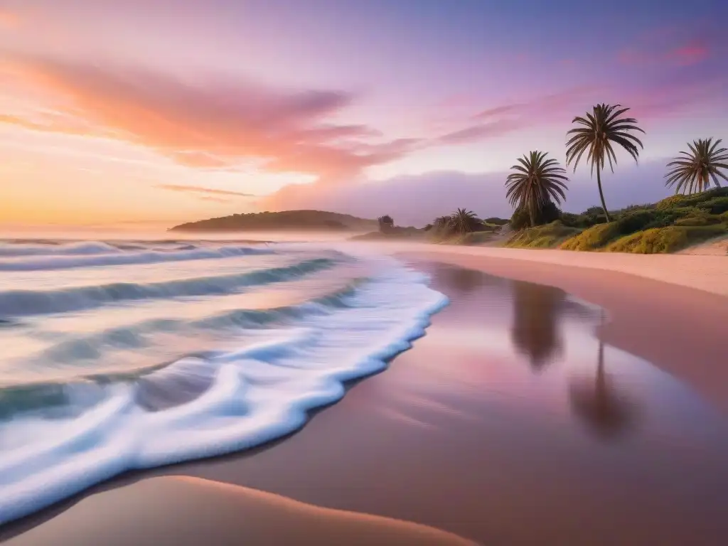 Un atardecer sereno en una playa de Uruguay, con tonos naranjas y rosas pintando el cielo, reflejados en el océano