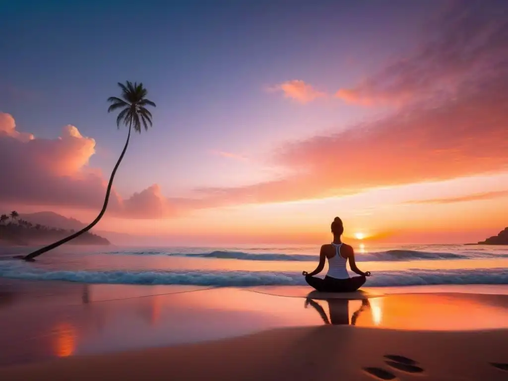 Un atardecer sereno en una playa, con tonos naranjas y rosados reflejándose en el agua